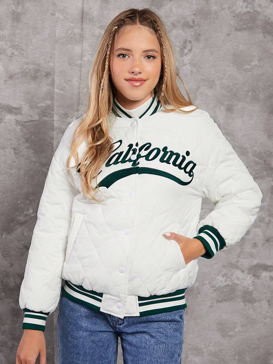 Teen Girl Letter Graphic Striped Trim Drop Shoulder Quilted Coat