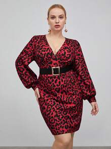 BizChic Talla grande Vestido con estampado de leopardo de cuello V de manga farol sin cinturón - Rojo - View 1