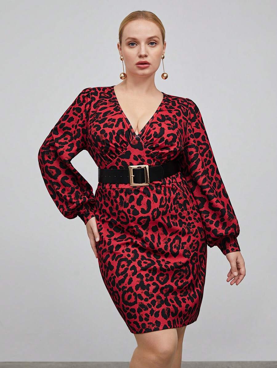 BizChic Talla grande Vestido con estampado de leopardo de cuello V de manga farol sin cinturón - Rojo - View 1