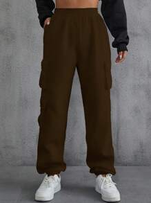 SHEIN EZwear Quần bó sát có túi nắp chắc chắn - Cà phê nâu - Xem 5