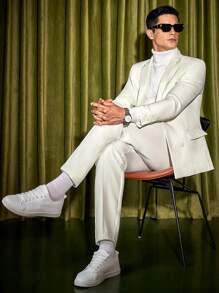 Manfinity VCAY Men Solid Blazer & Seam Detail Suit Pants - White - View 9