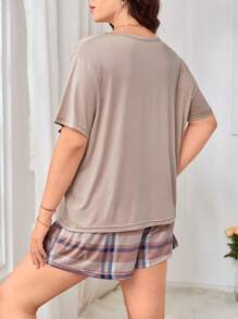 Set De pijama a cuadros con bolsillo parcheado - Azul - Ver 2