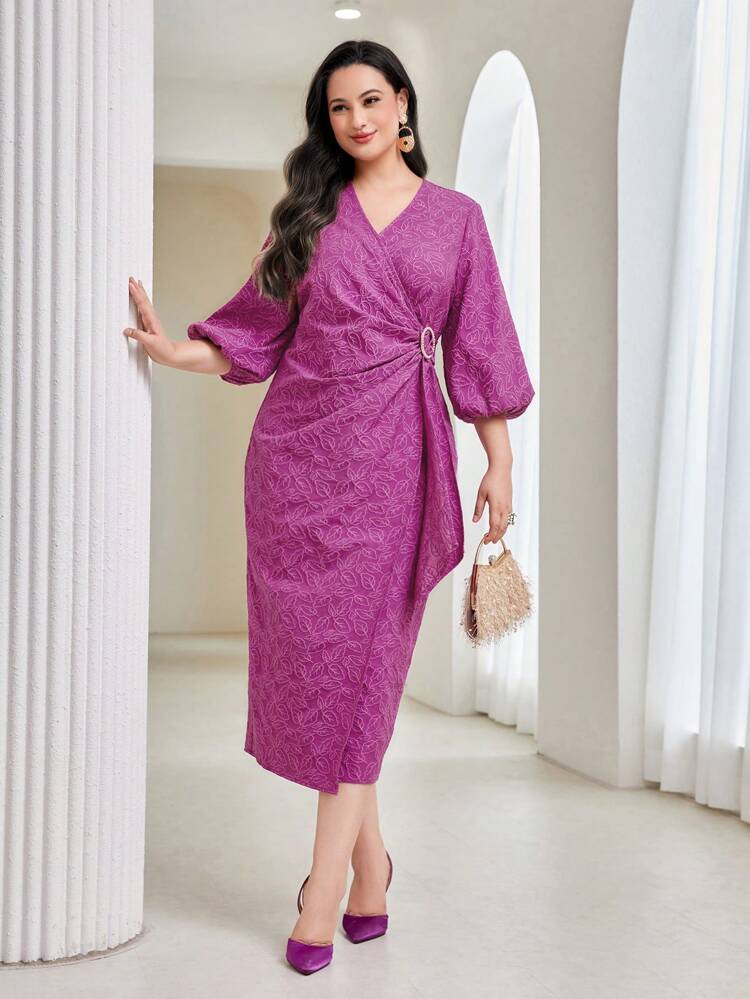 Plus Lantern Sleeve Wrap Knot Side Dress Long Evening Dresses
