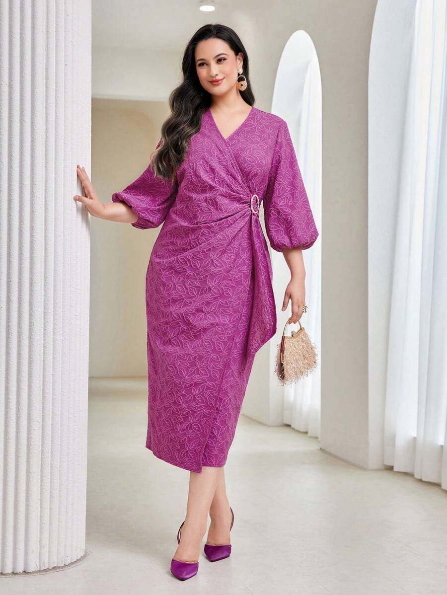 Modelyn Plus Lantern Sleeve Wrap Knot Side Dress Long Evening Dresses