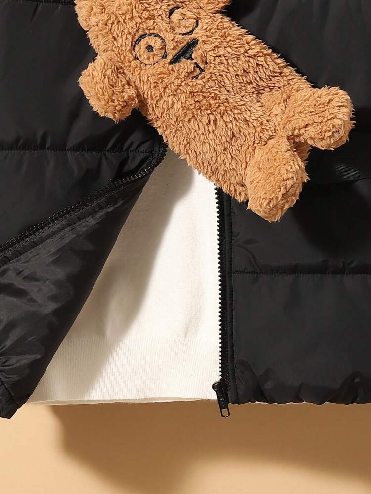 Tween Boy Cartoon Patched Detail Padded Coat & Fluffy Crossbody Bag