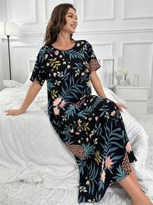 Váy ngủ Pijama in họa tiết nhiệt đới dài - màu đen - Xem 5