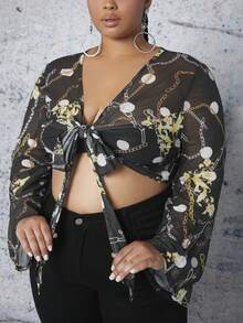 SHEIN CURVE+ Plus Chain Print Tie Front Crop Top - Multicolor - View 3