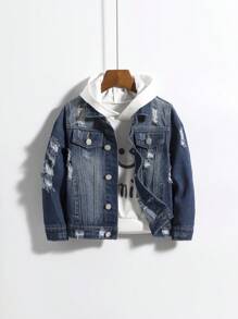 小男孩 1 入組破洞有蓋口袋牛仔夾克 - 中等水洗藍 - 查看 1