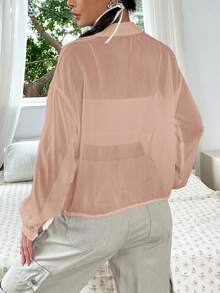 SHEIN EZwear Chất rắn Nút phía trước Thả vai Áo sơ mi - màu nâu - Xem 2