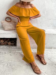 Breezaya Áo trễ vai xếp nếp & quần ống rộng - Màu vàng - Xem 6