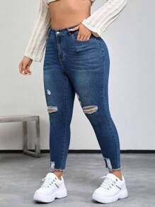 SHEIN EZwear Plus Ripped Raw Cut Skinny Jeans
