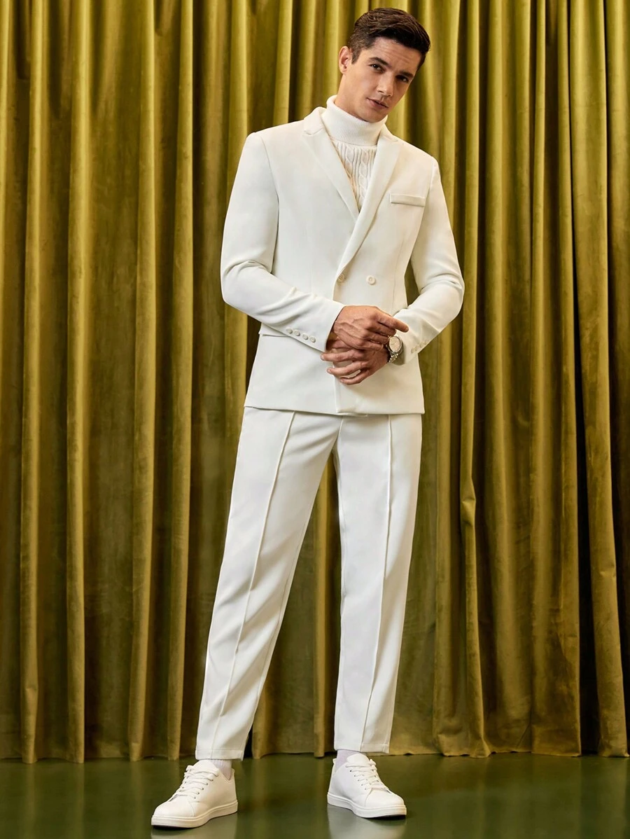 Manfinity VCAY Men Solid Blazer & Seam Detail Suit Pants - White - View 1