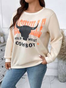 Calvaya Hơn Đồ họa Chữ cái Thả vai Áo nỉ - Màu be - Xem 4