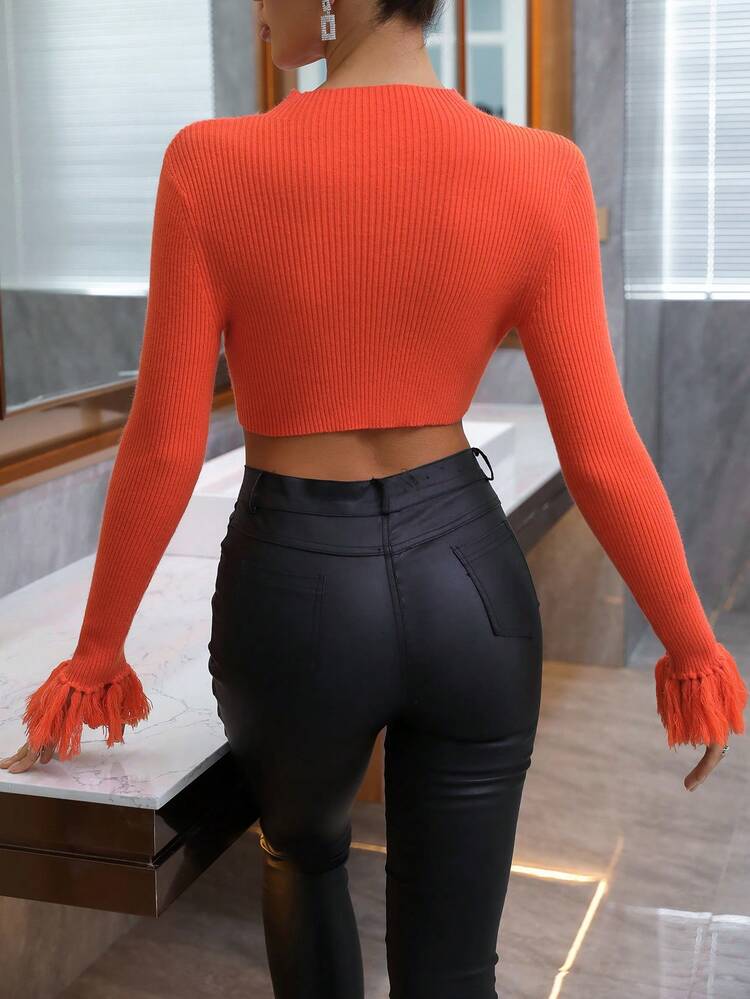 Mock Neck Fringe Cuff Crop Knit Pullover Fall Winter Sweater