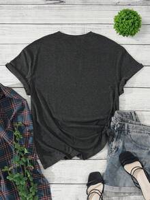 SHEIN EZwear 大碼標語圖案T恤 - 深灰色 - 查看 2