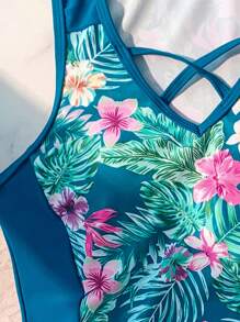 Swim Lushoire 印花女士吊带背心和短裤两件套泳衣 - 藍色 - 查看 4