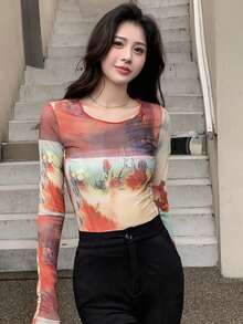 Tie Dye Lettuce Trim Mesh Top - Multicolor - View 5