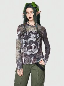 ROMWE Fairycore In đầu lâu & hoa Áo thun - Nhiều màu - Xem 1