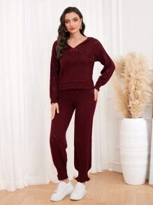 Mulvari 勃艮第红色纯色连帽毛衣和针织裤 - 酒紅色 - 查看 5