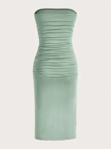 SHEIN EZwear 素色褶邊高衩抹胸洋裝 - 薄荷綠 - 查看 3