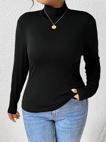 SHEIN Frenchy Plus Solid Ribbed Slim Fit Mock Neck Knit Tee - Black - View 3