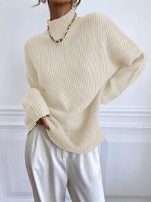 RosyDaze Mock Neck Ribbed Knit Pullover Fall Winter Sweater - Beige - View 1
