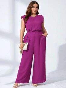 Chikora Plus Solid Shoulder Padded Wide Leg Jumpsuit - Hot Pink - View 1