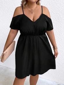 SHEIN CURVE+ Plus Cold Shoulder A-line Dress - Black - View 4