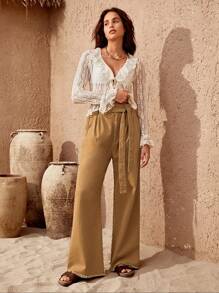 Bohemela High Waist Belted Wide Leg Pants - Khaki - View 4