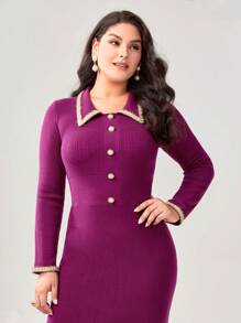 Modelyn Hơn Viền tương phản Nút phía trước Đầm Áo len - Màu tím  Violet - Xem 4