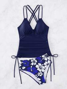 Swim Lushoire Summer Beach Floral Print Drawstring Side Tankini - Navy Blue - View 3