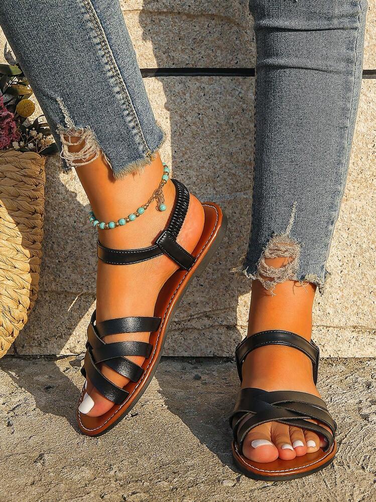 Nuevas sandalias planas romanas con tiras para mujer, atuendos de playa, atuendos de verano - Negro - Ver 3