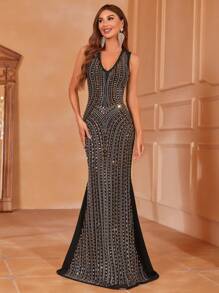 Rhinestone Decor Mermaid Hem Formal Dress - Black - View 7