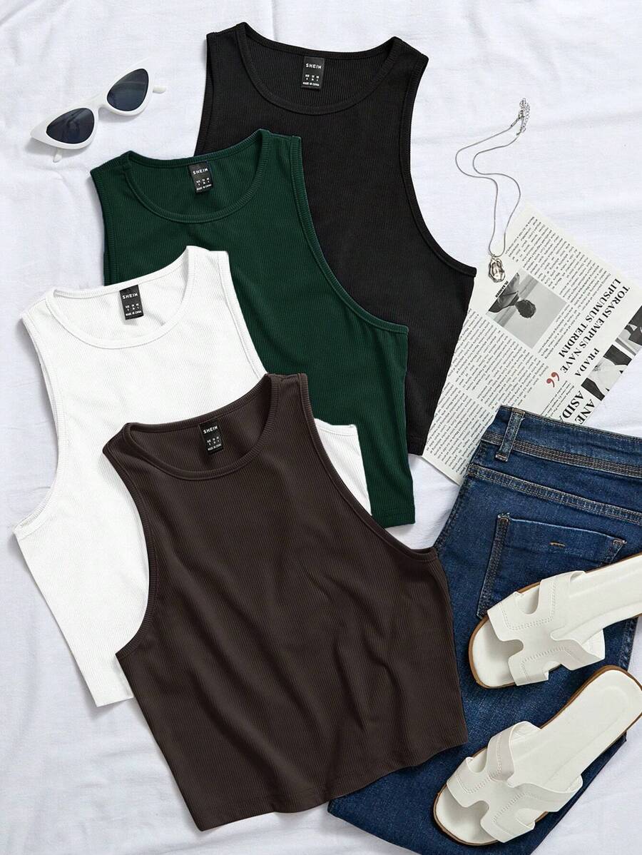 Chiquease 4 件纯色背心图案 T 恤女式上衣 - 彩色 - 查看 1