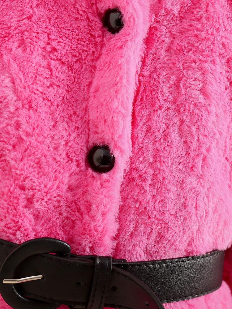 Young Girl Dual Pocket Hooded Belted Fluffy Coat