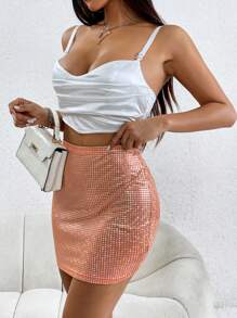 SHEIN SXY 高腰亮片緊身半身裙 - 橘色 - 查看 5