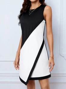 SHEIN Tall Two Tone Asymmetrical Hem Tank Dress - Black and White - View 3