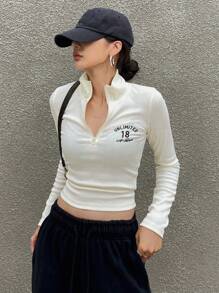DAZY 字母图案拉链罗纹针织短款 T 恤，秋季服装长袖女式上衣 - 白色 - 查看 5