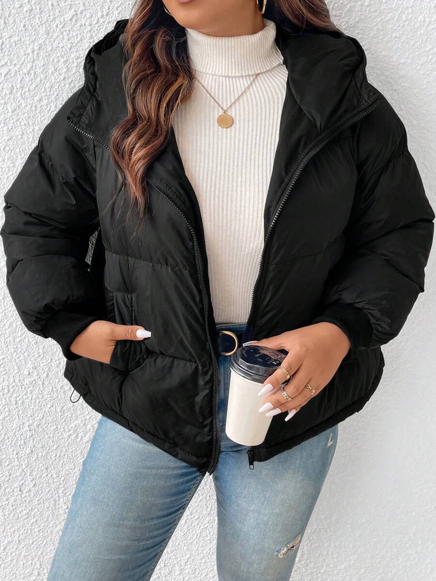 SHEIN Frenchy Plus Zip Up Hooded Padded Coat, For Winter Fall Autumn