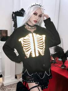 PUNK Halloween Reflective Skeleton Print Drop Shoulder Sweatshirt Pullover Fall Outfit