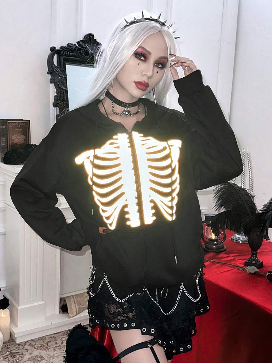PUNK Halloween Reflective Skeleton Print Drop Shoulder Sweatshirt Pullover Fall Outfit