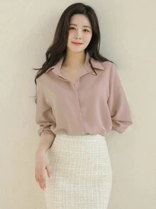 DAZY 纯色纽扣前开衬衫长袖上衣