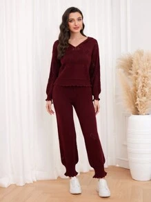 Mulvari 勃艮第红色纯色连帽毛衣和针织裤 - 酒紅色 - 查看 4