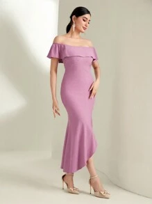 Modelyn Off Shoulder Ruffle Trim Split Thigh Dress - Purple - View 3