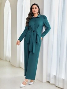 Modelyn Plus Puff Sleeve Knot Front Top & Wide Leg Pants - Blue - View 3