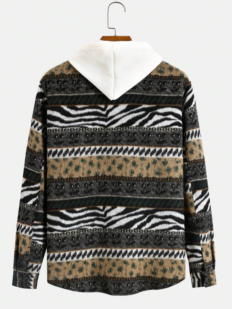 Men Zebra Striped & Leopard Print Overcoat Without Hoodie