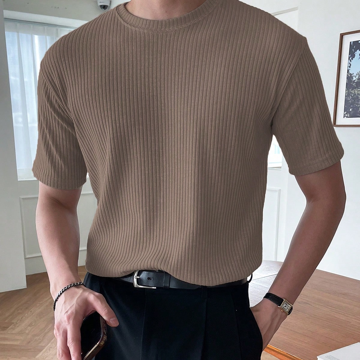 Hombres Camiseta unicolor tejido de canalé