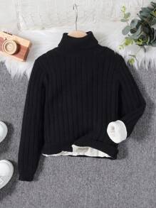 SHEIN Tween Girl Solid High Neck Thermal Lined Sweater - Black - View 3