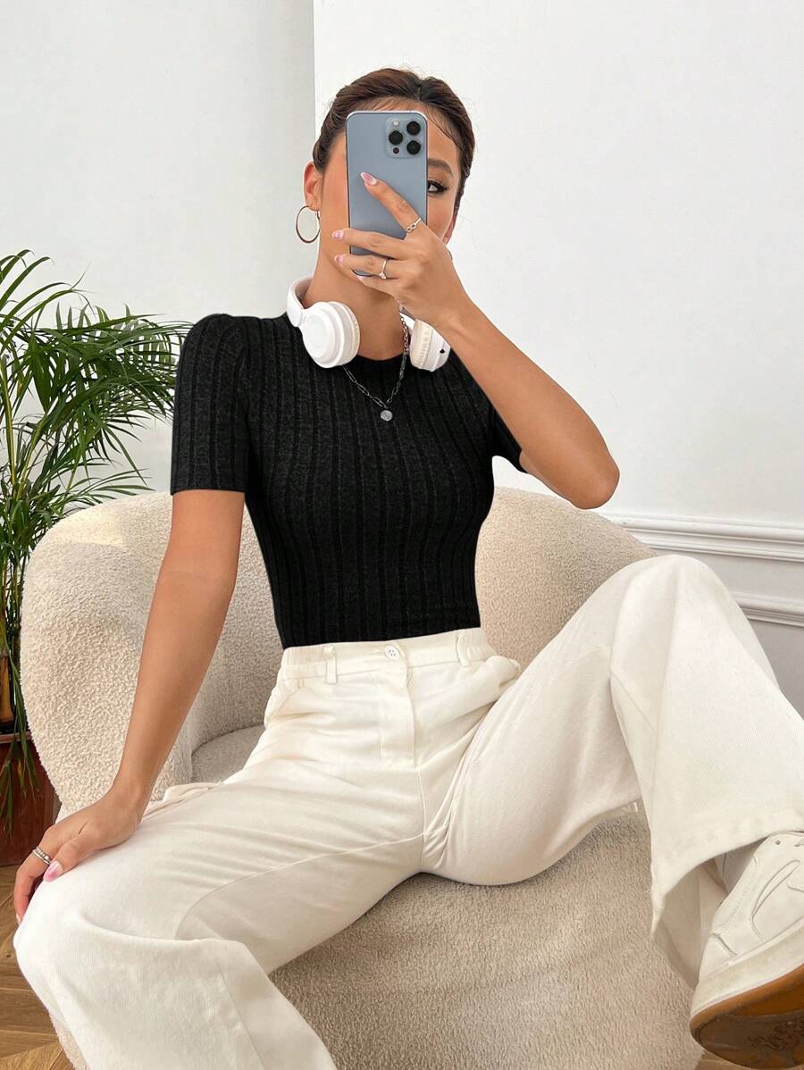 SHEIN EZwear Solid Ribbed Knit Tee - Black - View 1