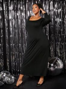 SHEIN CURVE+ Talla grande Vestido estilo camiseta de cuello cuadrado - Negro - Ver 5